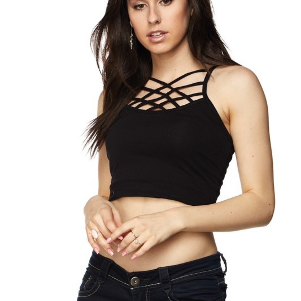 2 LEFT! Black Strappy Crop Tank Top - Picture 5 of 7